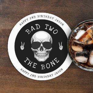 Bad Two the Bone Skeleton Skull 2nd Birthday Party Round Paper Coaster