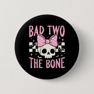 Bad Two The Bone Skull With Pink Bow For Halloween 2 Inch Round Button