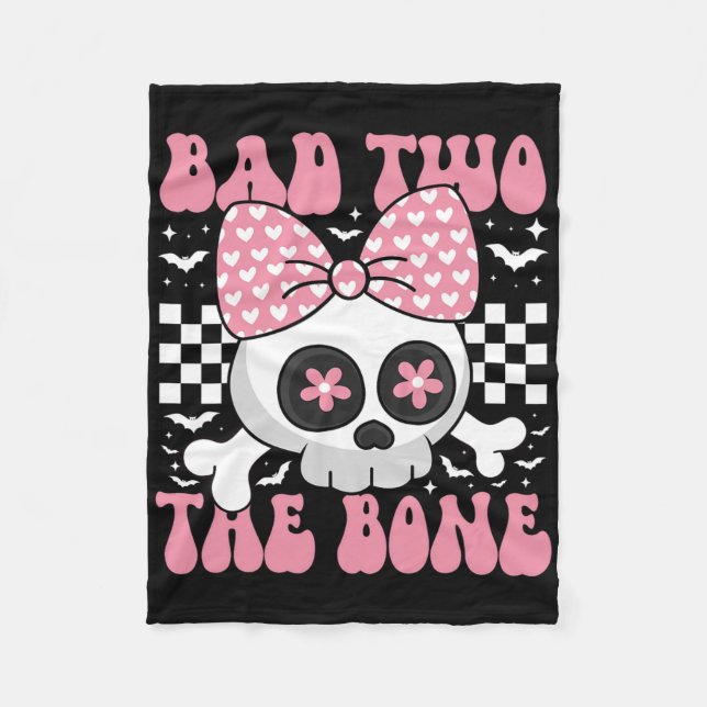 Bad Two The Bone Skull With Pink Bow For Halloween Fleece Blanket (Front)