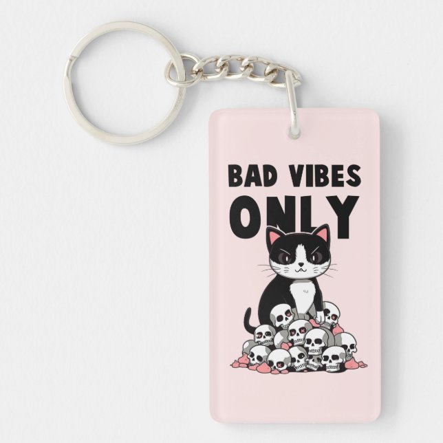 Bad Vibes Only – Cat & Skulls Keychain (Front)