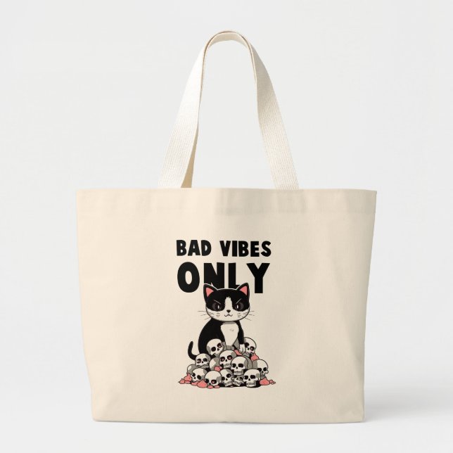 Bad Vibes Only – Cat & Skulls Large Tote Bag (Front)