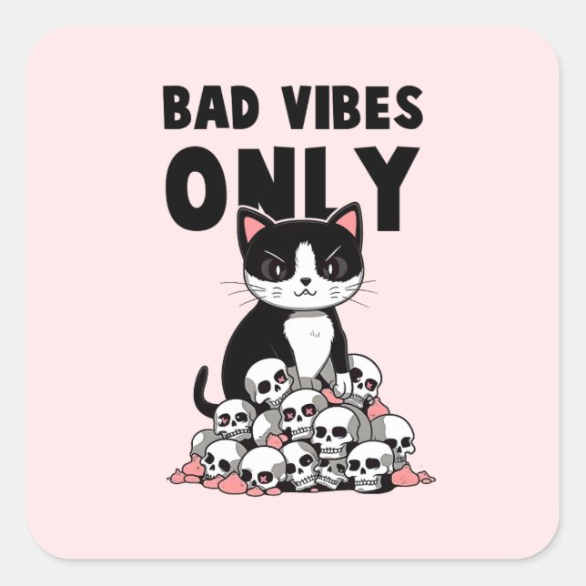 Bad Vibes Only – Cat & Skulls Square Sticker (Front)