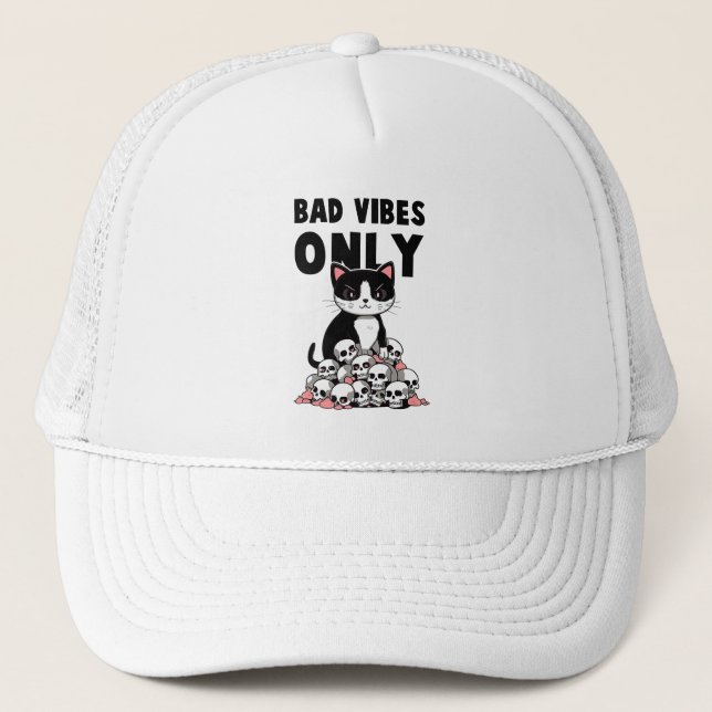 Bad Vibes Only – Cat & Skulls Trucker Hat (Front)