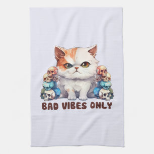 Bad Vibes Only – Fierce Cat & Skulls Gothic Design Kitchen Towel