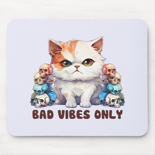 Bad Vibes Only – Fierce Cat & Skulls Gothic Design Mouse Pad (Front)