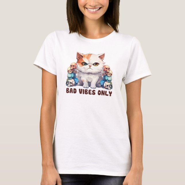 Bad Vibes Only – Fierce Cat & Skulls Gothic Design T-Shirt (Front)