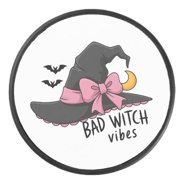 Bad Witch Vibes – Cute Witch Hat Hockey Puck (Front)