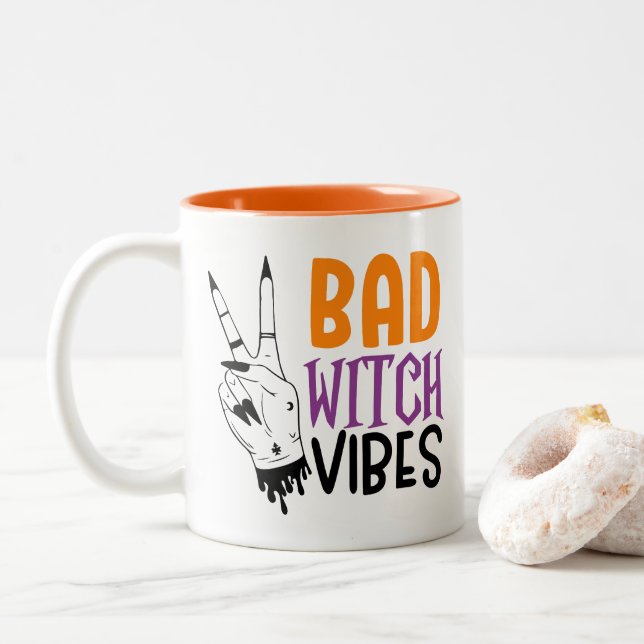 Bad Witch Vibes Halloween Two-Tone Coffee Mug (With Donut)