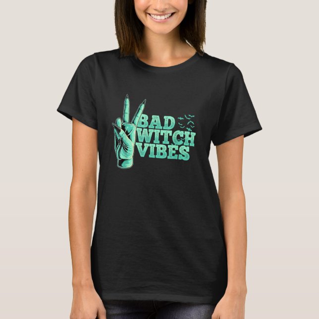 Bad Witch Vibes Pastel Goth Witch Peace Hand Sign  T-Shirt (Front)