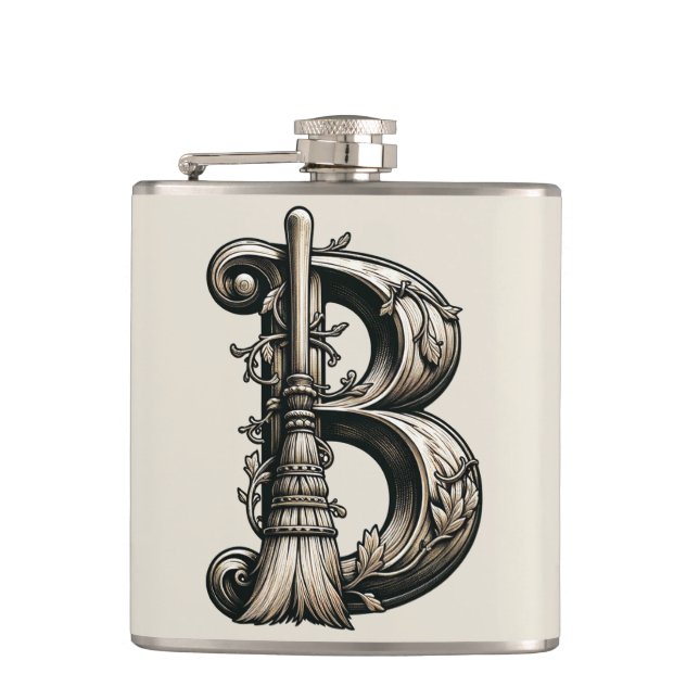Bad Witch Witchy Broom Letter B Custom Initial  Hip Flask (Front)