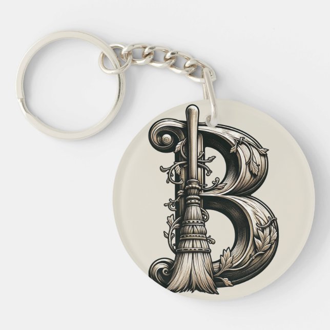 Bad Witch Witchy Broom Letter B Custom Initial  Keychain (Front)