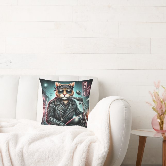 Badass Cat – Motorcycle Feline Rebel in Leather Ja Throw Pillow (Couch)