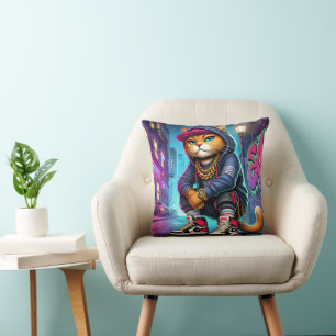Badass Cat – Urban Street-Style Feline with Graffi Throw Pillow