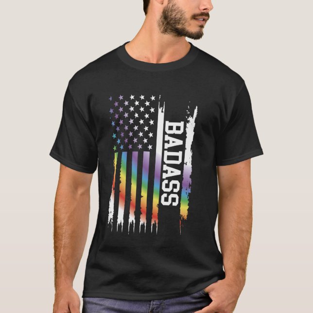 Badass United States Distressed Rainbow w US Flag T-Shirt (Front)