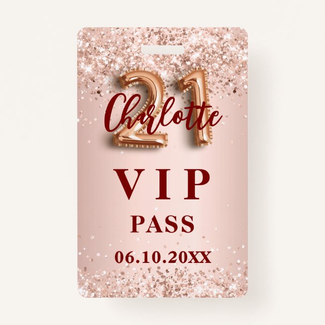 Badge 21e anniversaire rose or vip party pass (Devant)