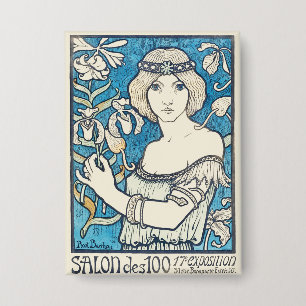 Badge Affiche d'art vintage femme florale bleue Art Nouv