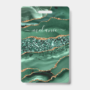 Badge Agate Verte Paillettes Dorées Marbre Votre N