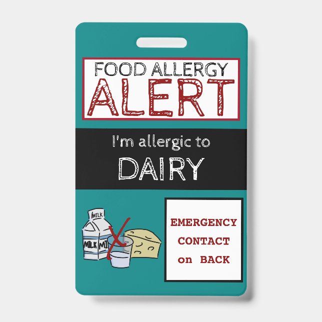 Badge Alerte Allergie aux Produits Laitiers Code Teal (Avant)