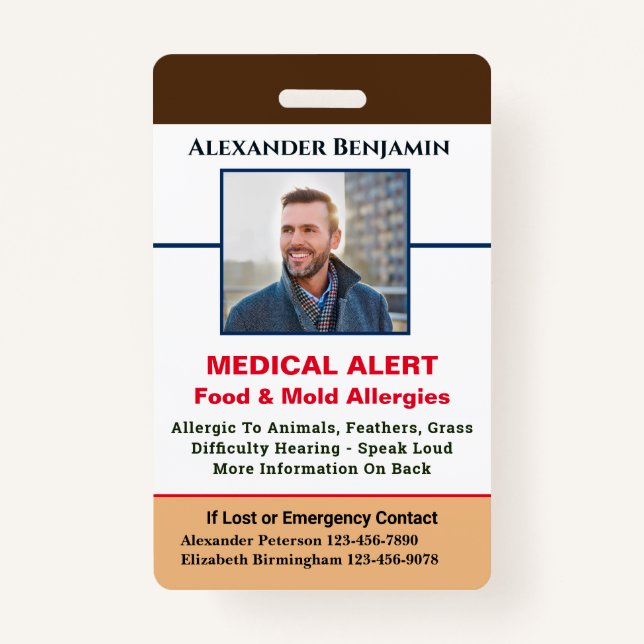 Badge Alerte allergique Médicale Photo d'urgence personn (Devant)
