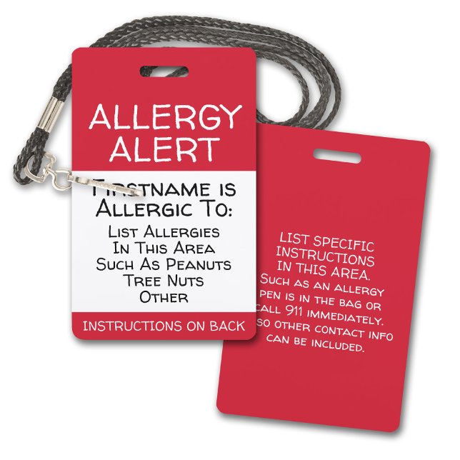 Badge Alerte d'allergie pour les informations Médicales  (Allergy Alert Plastic Badge for Lanyard - Custom Allergy Alert. Add name, allergy and instructions)