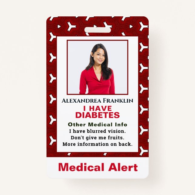 Badge Alerte maladie Médicale ID d'urgence photo personn (Devant)