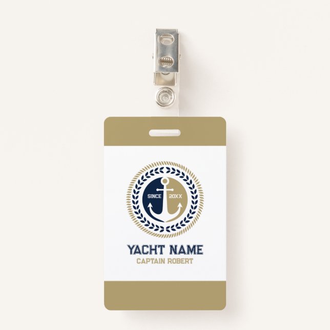 Badge Ancrage de bateau nautique bleu et or (Devant avec clip)