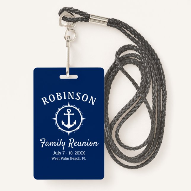 Badge Ancre nautique Famille Réunion Marine Bleu & Blanc (Devant avec lanière)