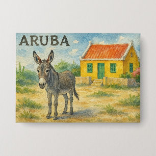 Badge Âne d'Aruba avec maison Cunucu jaune aquarelle