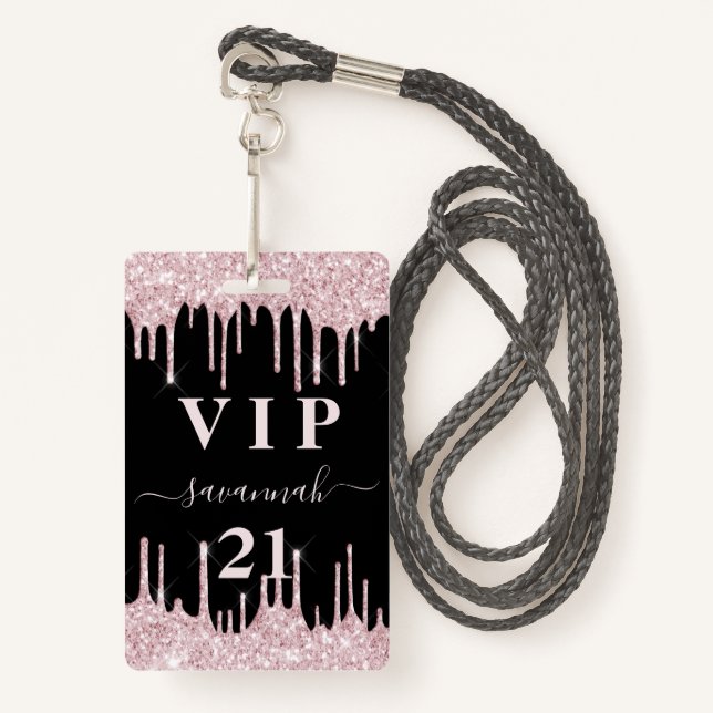 Badge Anniversaire noir rose parties scintillant gouttes (Devant avec lanière)