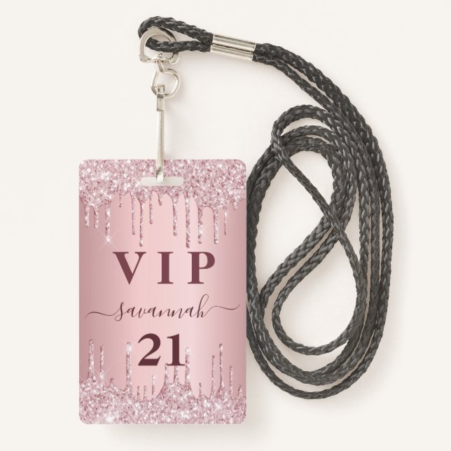 Badge Anniversaire parties scintillant rose vif gouttes  (Devant avec lanière)