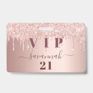 Badge Anniversaire rose gouttes d'or rose vip
