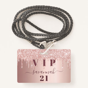Badge Anniversaire rose gouttes d'or rose vip