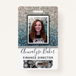 Badge Aqua Blue Silver Parties scintillant Employé Infir