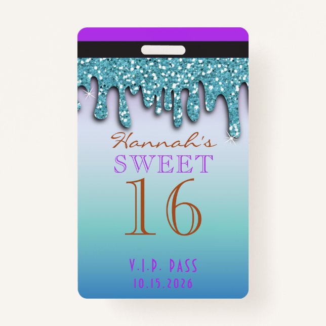 Badge Aqua Turquoise Sparkle Drippy Sweet sixteen VIP (Devant)