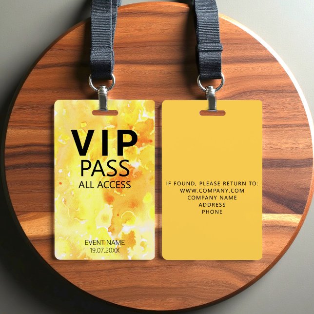 Badge Aquarelle d'accès VIP personnalisée Abstrait Jaune (Créateur téléchargé)