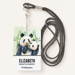 Badge Aquarelle Panda Ours Maman & Bébé en Bambou