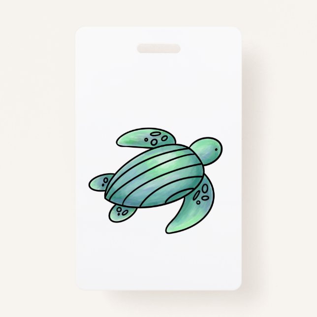 Badge aquarelle peinte caricature de tortue de mer bleu  (Devant)