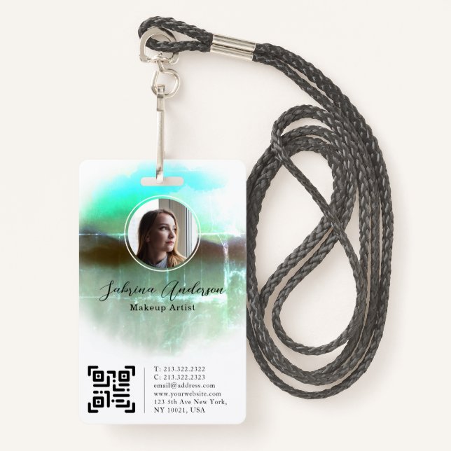 Badge Aquarelle Vert brillant Abstrait Script Logo photo (Devant avec lanière)