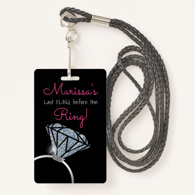Badge Bachelorette, bague à diamant, passage de partie, (Devant avec lanière)