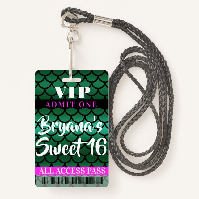 Badge Balances de sirène Green Black Party Sweet 16 VIP  (Devant avec lanière)