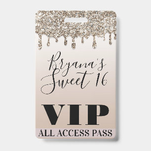 Badge Billet VIP 16 ans Sweet Glam goutte de paillettes 