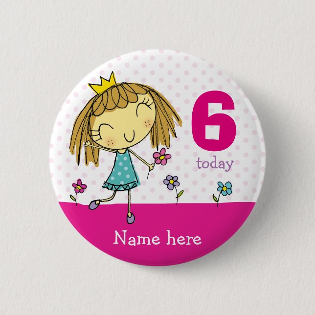 ♥ BADGE ♥ Birthday Pink Princess any age & name 2 Inch Round Button (Front)