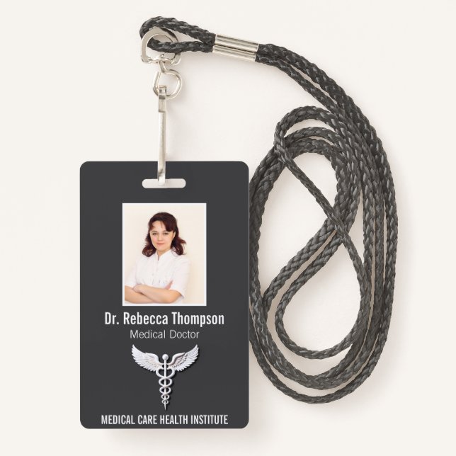 Badge Blanc Nettoyage détaillé Caduceus ID photo Médical (Devant avec lanière)