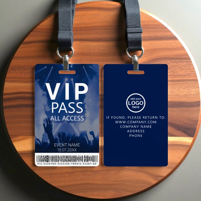 Badge bleu d'accès VIP personnalisé avec code barr (Créateur téléchargé)