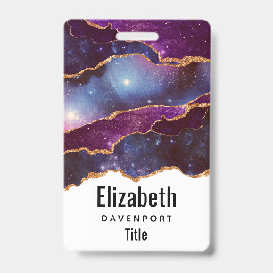 Badge Bleu et violet, espace et étoiles avec ruban doré