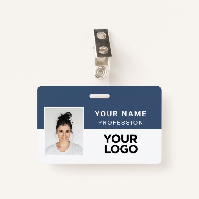 Badge Bleu Marine Entreprise Employé Nom de la photo Bal (Devant avec clip)