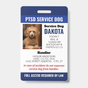 Badge Bleu PTSD Service Chien Logo Code QR Code Photo ID