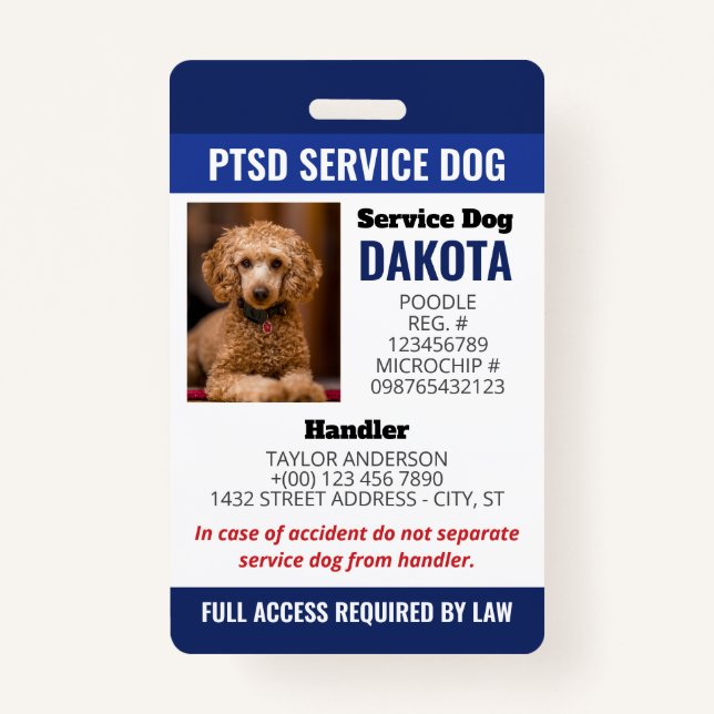 Badge Bleu PTSD Service Chien Logo Code QR Code Photo ID (Devant)