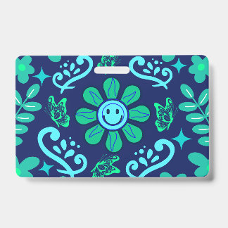 Badge Blue Retro Style Floral and Sun Symbol Pattern