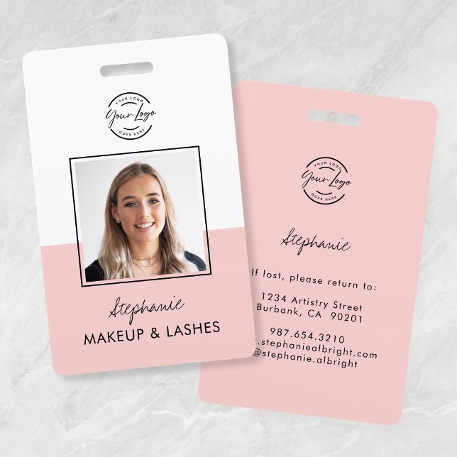 Badge Blush Pink Script Logo Employee Photo ID Makeup (Créateur téléchargé)